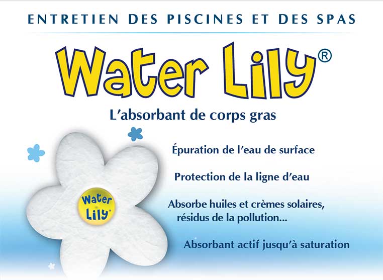 L'absorbeur de graisse Water Lily ®, pour l'entretien des piscines et des spas. Absorbe les corps gras, épure l'eau de surface, protège la ligne d'eau. Absorbe l'huile et la crème solaire